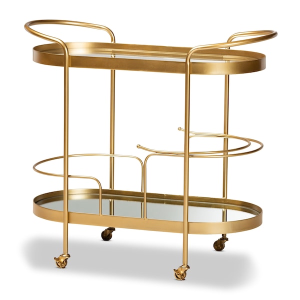 Baxton Studio Kamal Modern Glam Brushed Gold Finished Metal and Mirrored Glass 2-Tier Mobile Wine Bar Cart - 181-11197-ZORO