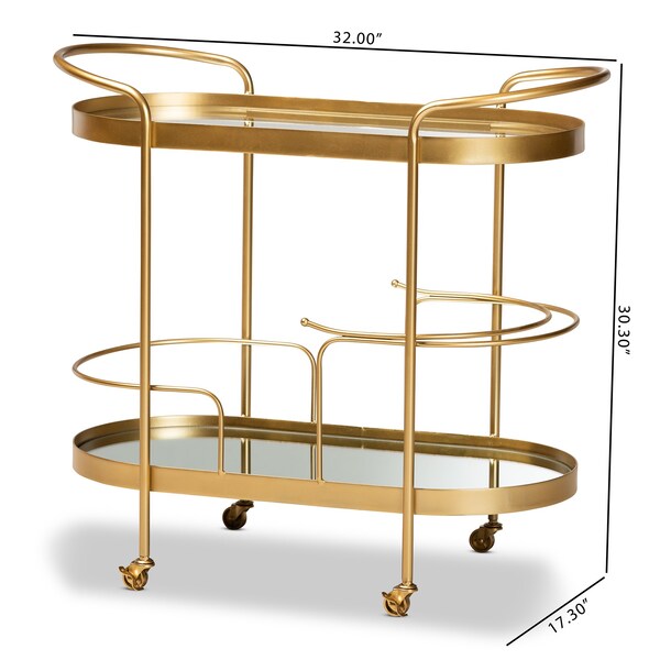 Baxton Studio Kamal Modern Glam Brushed Gold Finished Metal and Mirrored Glass 2-Tier Mobile Wine Bar Cart - 181-11197-ZORO