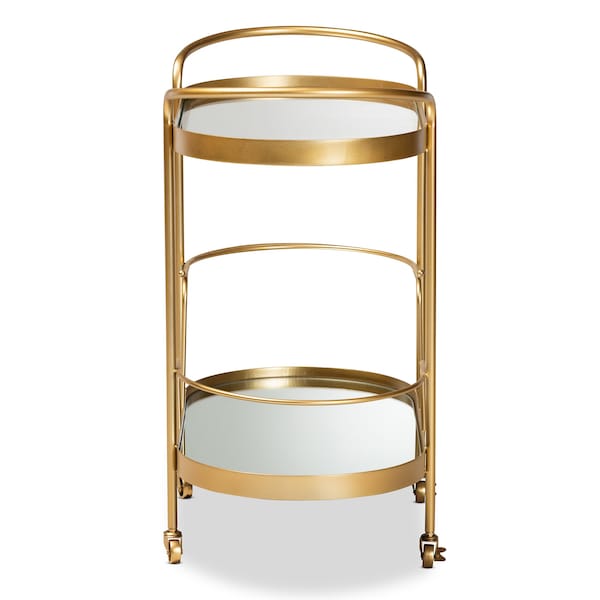 Baxton Studio Kamal Modern Glam Brushed Gold Finished Metal and Mirrored Glass 2-Tier Mobile Wine Bar Cart - 181-11197-ZORO