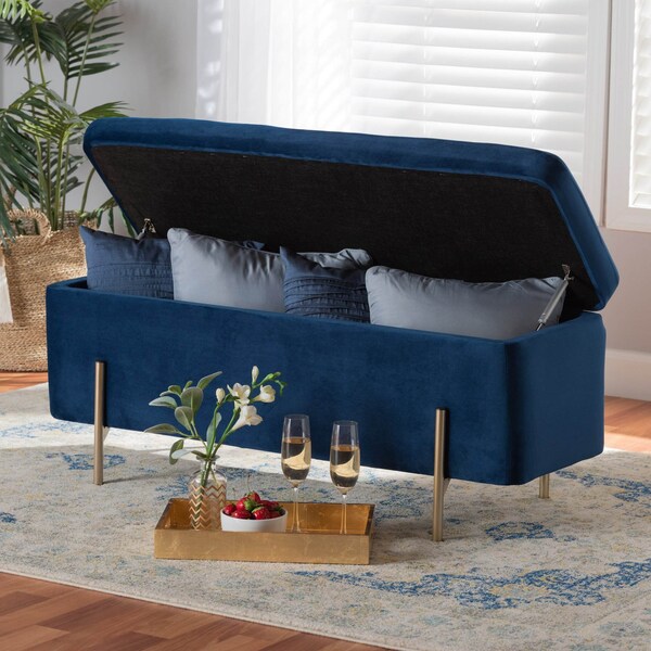 Baxton Studio Rockwell Glam and Luxe Navy Blue Velvet Upholstered and Gold Finished Metal Storage Bench - 198-12209-ZORO