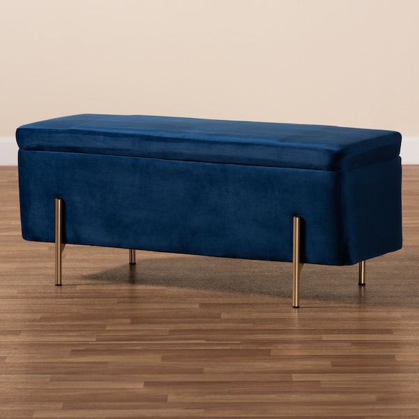 Baxton Studio Rockwell Glam and Luxe Navy Blue Velvet Upholstered and Gold Finished Metal Storage Bench - 198-12209-ZORO