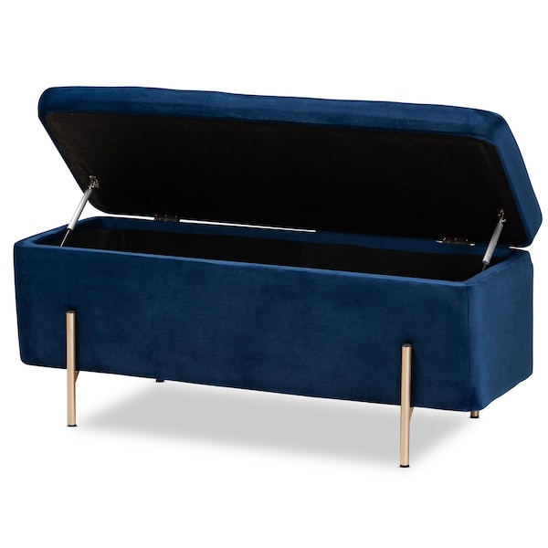 Baxton Studio Rockwell Glam and Luxe Navy Blue Velvet Upholstered and Gold Finished Metal Storage Bench - 198-12209-ZORO
