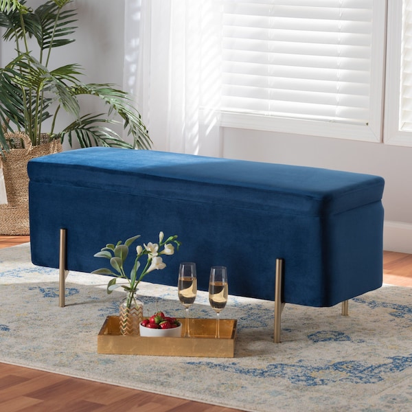 Baxton Studio Rockwell Glam and Luxe Navy Blue Velvet Upholstered and Gold Finished Metal Storage Bench - 198-12209-ZORO