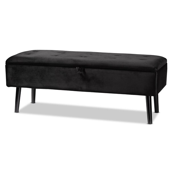 Baxton Studio Caine ModernBlack Velvet Upholstered and Dark Brown Finished Wood Storage Bench - 197-12203-ZORO