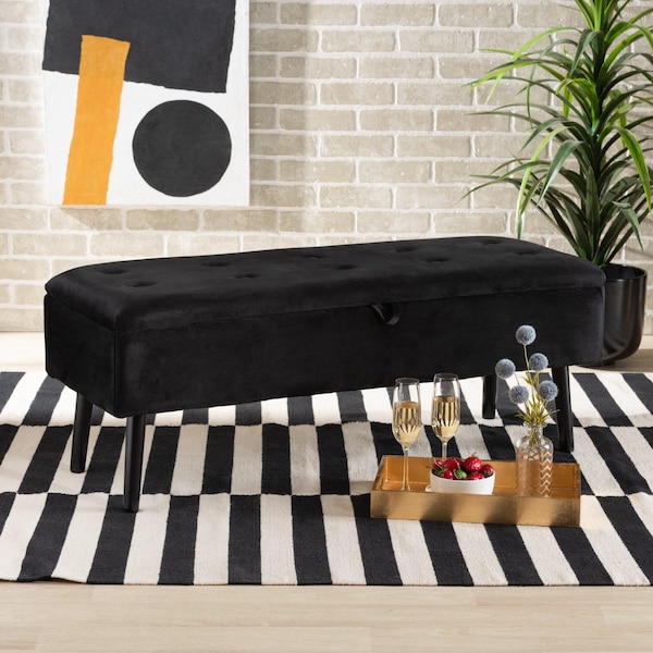 Baxton Studio Caine ModernBlack Velvet Upholstered and Dark Brown Finished Wood Storage Bench - 197-12203-ZORO