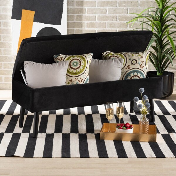 Baxton Studio Caine ModernBlack Velvet Upholstered and Dark Brown Finished Wood Storage Bench - 197-12203-ZORO