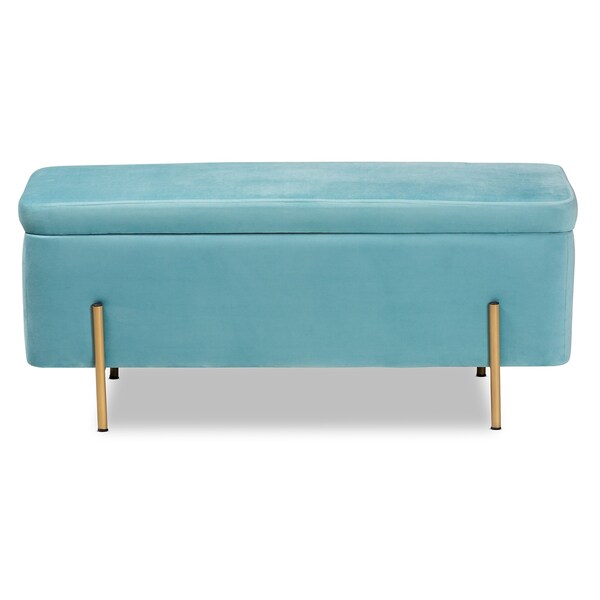 Baxton Studio Rockwell Glam and Luxe Sky Blue Velvet Upholstered and Gold Finished Metal Storage Bench - 198-12212-ZORO