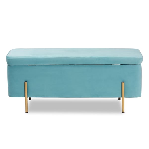 Baxton Studio Rockwell Glam and Luxe Sky Blue Velvet Upholstered and Gold Finished Metal Storage Bench - 198-12212-ZORO