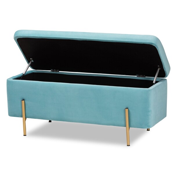Baxton Studio Rockwell Glam and Luxe Sky Blue Velvet Upholstered and Gold Finished Metal Storage Bench - 198-12212-ZORO