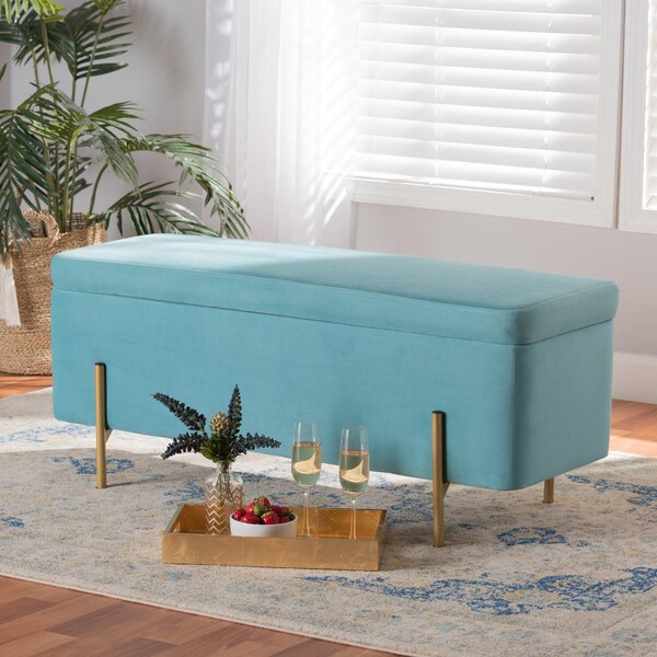 Baxton Studio Rockwell Glam and Luxe Sky Blue Velvet Upholstered and Gold Finished Metal Storage Bench - 198-12212-ZORO