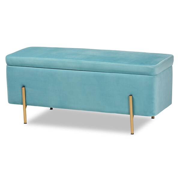 Baxton Studio Rockwell Glam and Luxe Sky Blue Velvet Upholstered and Gold Finished Metal Storage Bench - 198-12212-ZORO