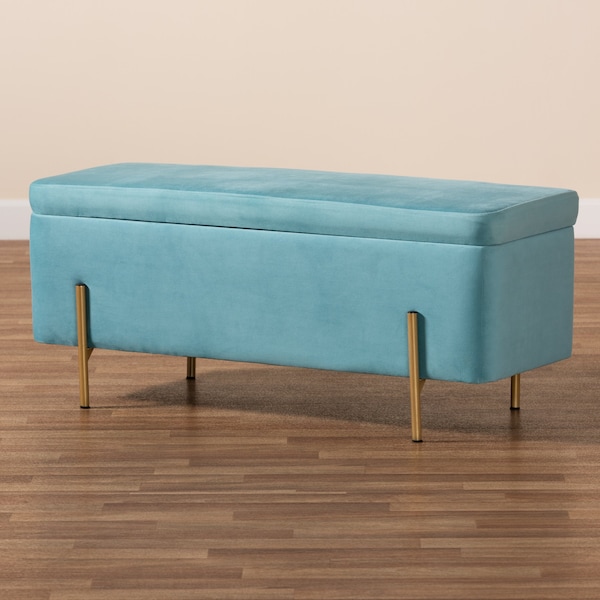 Baxton Studio Rockwell Glam and Luxe Sky Blue Velvet Upholstered and Gold Finished Metal Storage Bench - 198-12212-ZORO