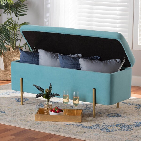 Baxton Studio Rockwell Glam and Luxe Sky Blue Velvet Upholstered and Gold Finished Metal Storage Bench - 198-12212-ZORO