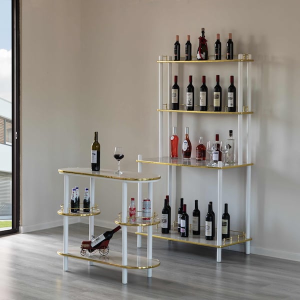 Fabulaxe 3 Pieces Set, Bartender Serving Station, Bar Console Working Counter with Open Shelves Wood, White - QI004485-86.WT