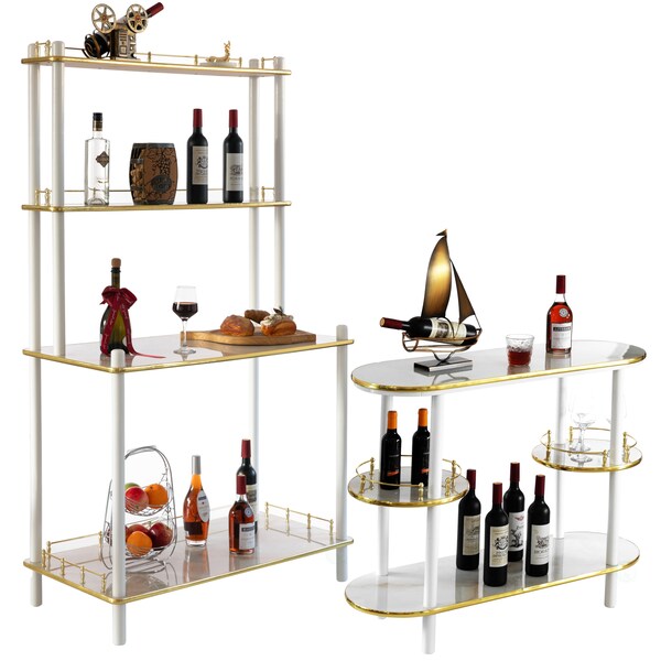 Fabulaxe 3 Pieces Set, Bartender Serving Station, Bar Console Working Counter with Open Shelves Wood, White - QI004485-86.WT