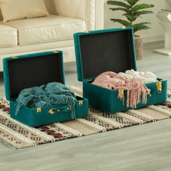 Vintiquewise Decorative Tufted Velvet Suitcase Treasure Chest, Green, PK 2 - QI003982_GN