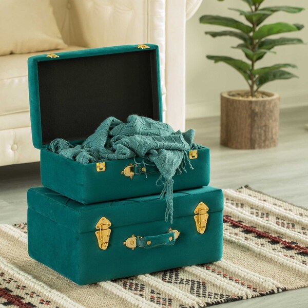 Vintiquewise Decorative Tufted Velvet Suitcase Treasure Chest, Green, PK 2 - QI003982_GN