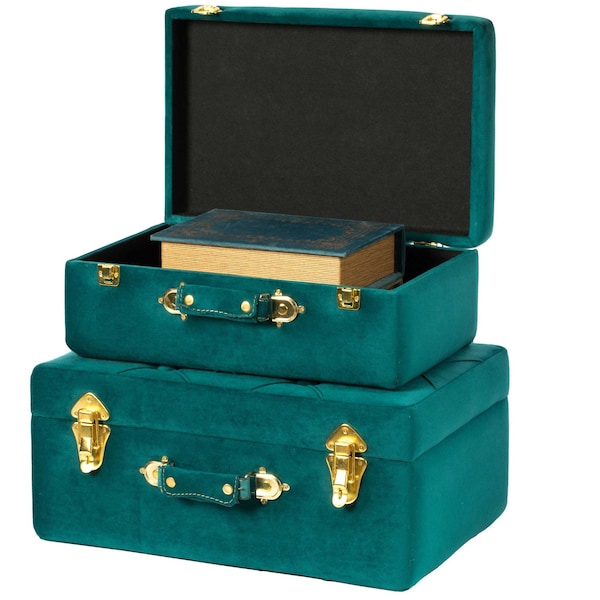 Vintiquewise Decorative Tufted Velvet Suitcase Treasure Chest, Green, PK 2 - QI003982_GN