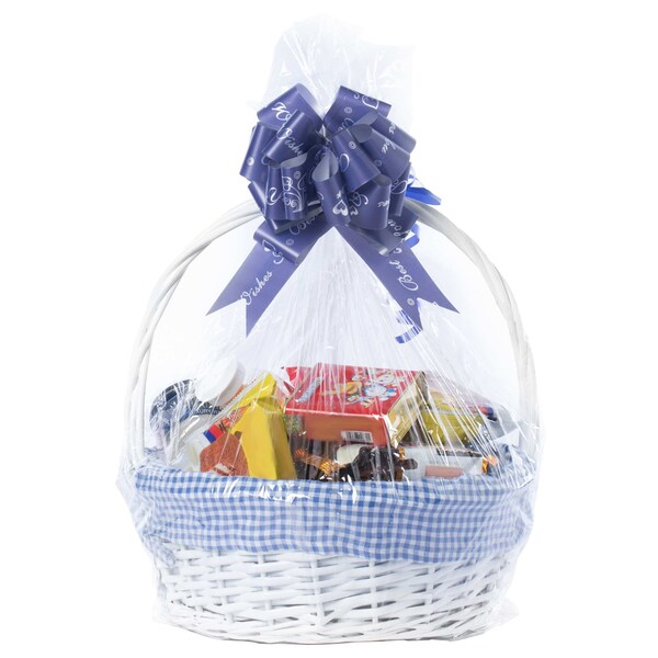 Vintiquewise White Round Willow Gift Basket, with Blue and White Gingham Liner and Handles, Small - QI004550BL.S