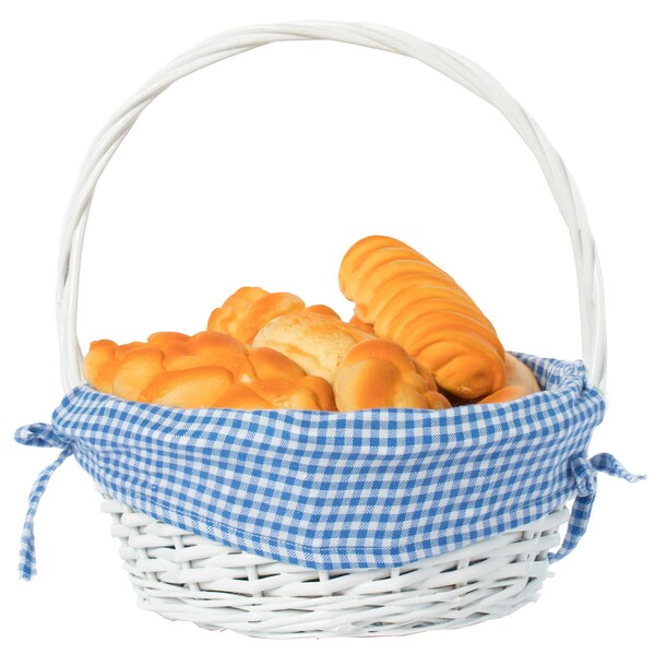 Vintiquewise White Round Willow Gift Basket, with Blue and White Gingham Liner and Handles, Small - QI004550BL.S