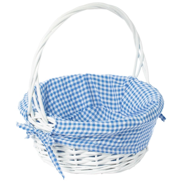 Vintiquewise White Round Willow Gift Basket, with Blue and White Gingham Liner and Handles, Small - QI004550BL.S