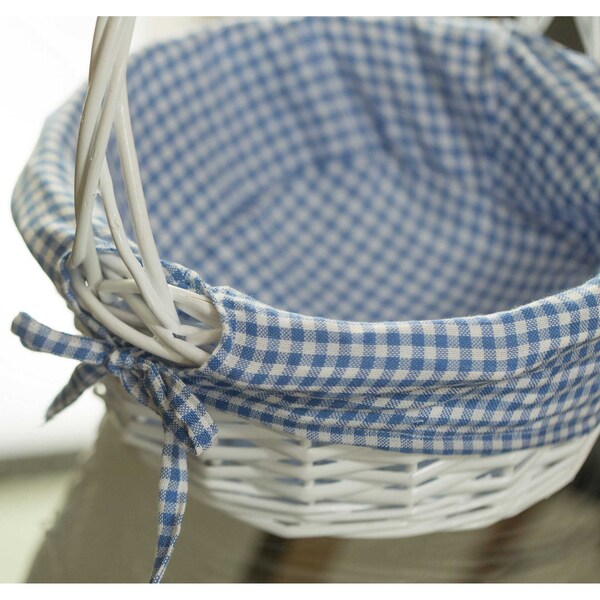 Vintiquewise White Round Willow Gift Basket, with Blue and White Gingham Liner and Handles, Small - QI004550BL.S