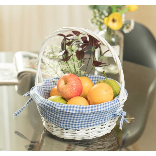 Vintiquewise White Round Willow Gift Basket, with Blue and White Gingham Liner and Handles, Small - QI004550BL.S