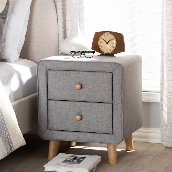 Baxton Studio Jonesy Mid-Century Grey Upholstered 2-Drawer Nightstand - 135-7288