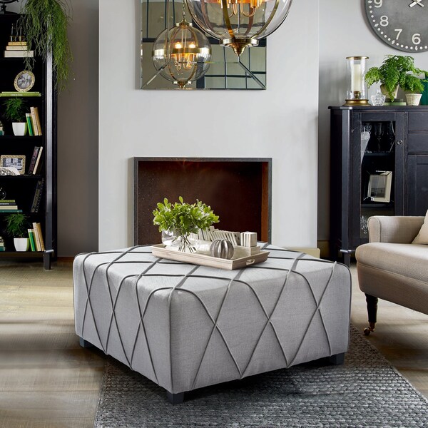 Armen Living Gemini Contemporary Ottoman in Silver Linen with Piping Accents and Wood Legs - LCGMOTSLV