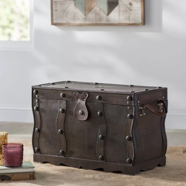 Vintiquewise Antique Style Distressed Wooden Pirate Treasure Chest, Coffee Table Trunk - QI003250L