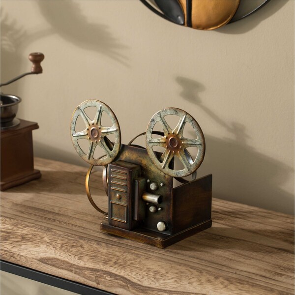 Vintiquewise Decorative Bronze Metal Vintage Single Bottle Film Projector Wine Holder for Tabletop or Countertop - QI004536