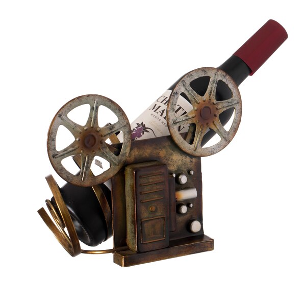Vintiquewise Decorative Bronze Metal Vintage Single Bottle Film Projector Wine Holder for Tabletop or Countertop - QI004536