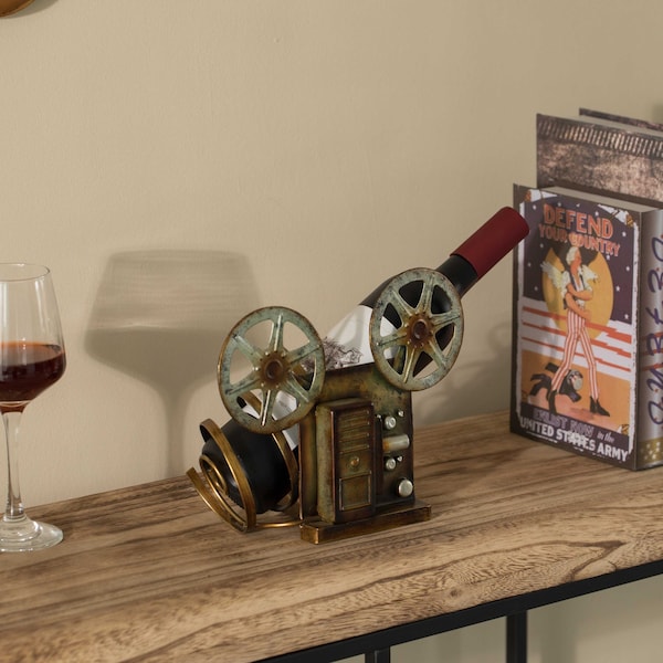 Vintiquewise Decorative Bronze Metal Vintage Single Bottle Film Projector Wine Holder for Tabletop or Countertop - QI004536