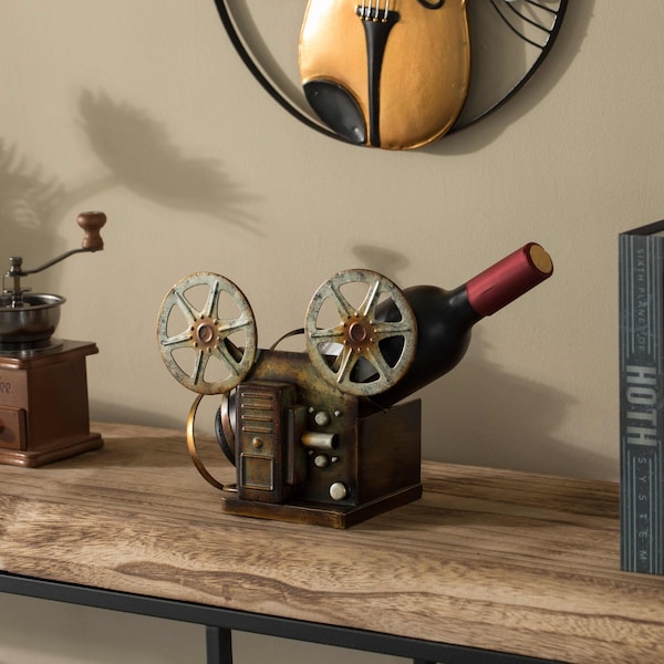 Vintiquewise Decorative Bronze Metal Vintage Single Bottle Film Projector Wine Holder for Tabletop or Countertop - QI004536