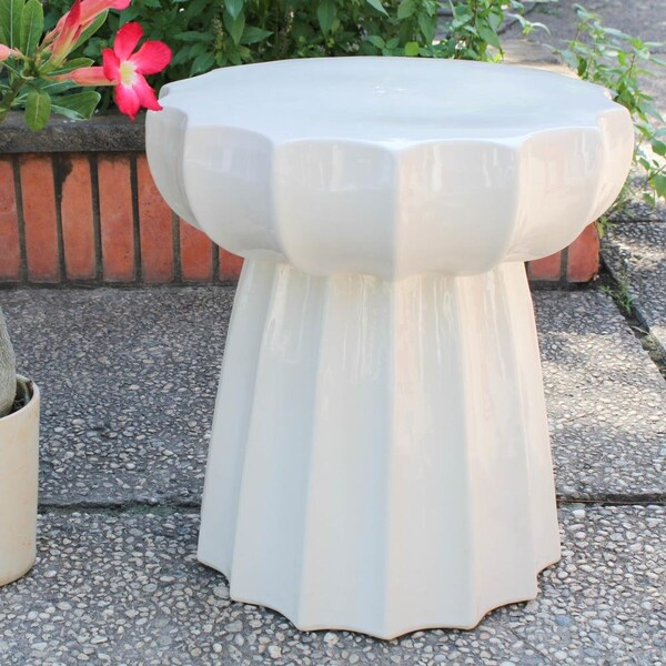 International Caravan Round Scalloped Ceramic Garden Stool, Antique White Glaze - OPG-066-AW