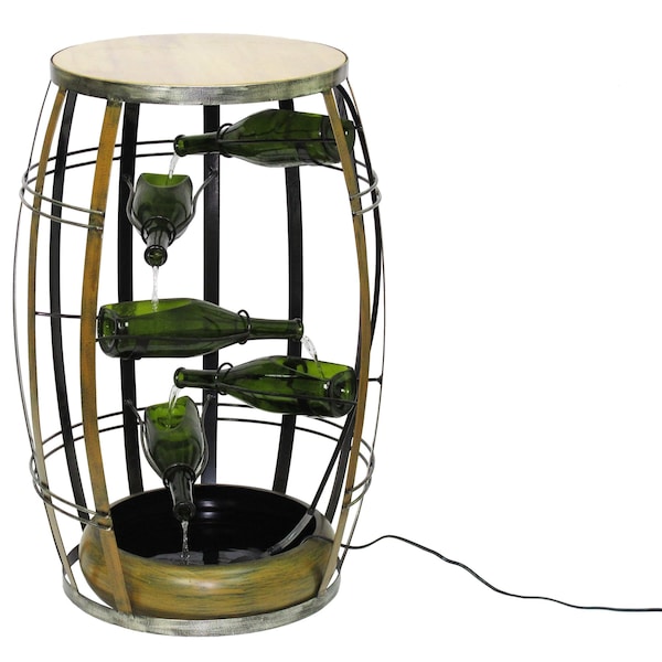Vintiquewise Metal Barrel Design Cascading Waterfall Floor Water Fountain w/Tiering Wine Bottles Yard Art Decor - QI003852