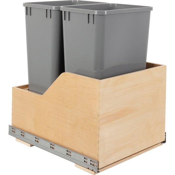 Hardware Resources Dbl 50 Quart Wood Bottom-Mount Soft-Close Trashcan Rollout For Hinged Doors, Includes 2 Grey Cans - CAN-WBMD5018G