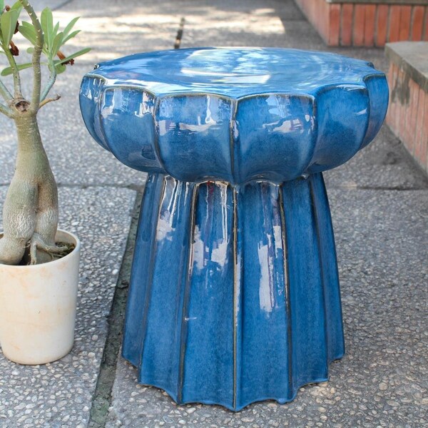 International Caravan Round Scalloped Ceramic Garden Stool, Navy Blue Glaze - OPG-066-NV
