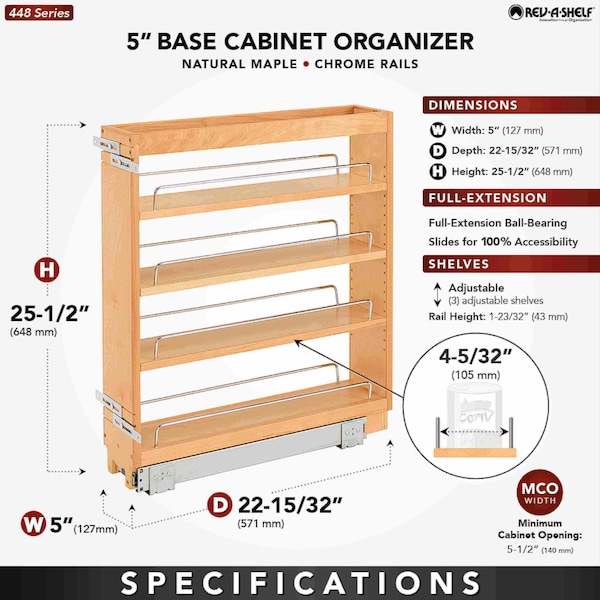 Rev-A-Shelf Maple Wood; Steel, Natural Maple, 5 in W, 25.5 in H, 22.5 in D - 448-BC-5C