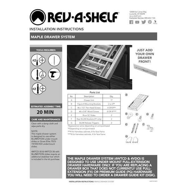Rev-A-Shelf Drawer Replacement, Maple Veneer, Light Brown, 18 in W, 4.32 in H, 21.75 in D, 21.75 in L - 4WTCD-21HSC-1