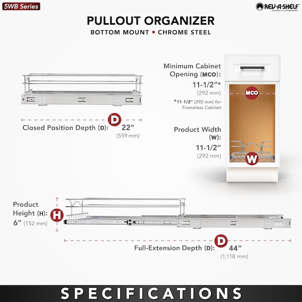 Rev-A-Shelf Steel, Silver, 11.5 in W, 5.56 in H, 22 in D, 22 in L, Silver - 5WB1-1222CR-1