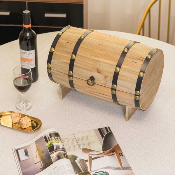Vintiquewise Wooden Wine Barrel Shaped Treasure Chest Vintage Decorative Wine Holder, Natural - QI003665N