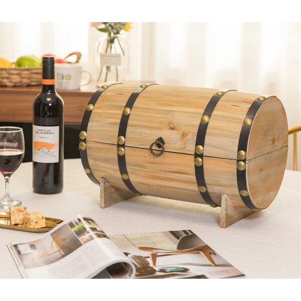 Vintiquewise Wooden Wine Barrel Shaped Treasure Chest Vintage Decorative Wine Holder, Natural - QI003665N