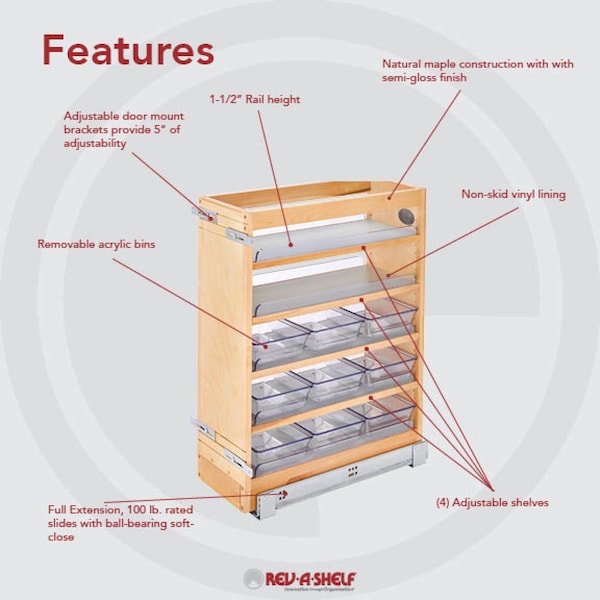 Rev-A-Shelf Maple Veneer, Light Brown, 8.62 in W, 25.56 in H, 19 in D, 19 in L, Light Brown - 448-VC25SC-8