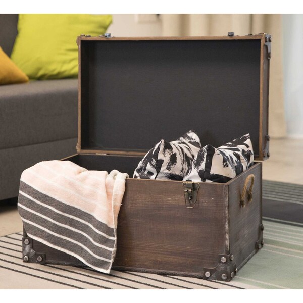 Vintiquewise Distressed Wooden Vintage Industrial Style Decorative Trunk with Lockable Latch - QI003451
