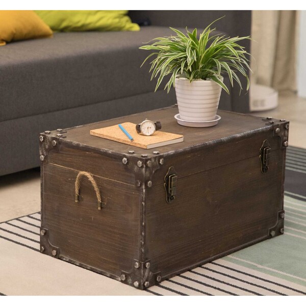 Vintiquewise Distressed Wooden Vintage Industrial Style Decorative Trunk with Lockable Latch - QI003451