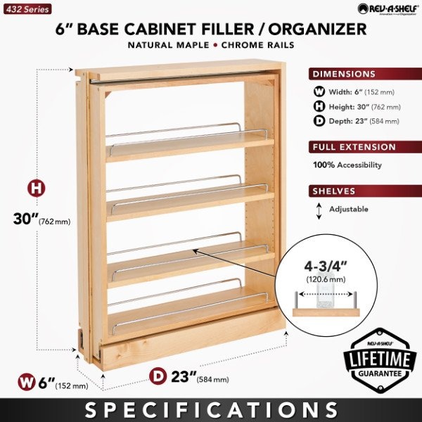 Rev-A-Shelf Maple Wood; Steel, Natural Maple, 6 in W, 30 in H, 23 in D - 432-BF-6C
