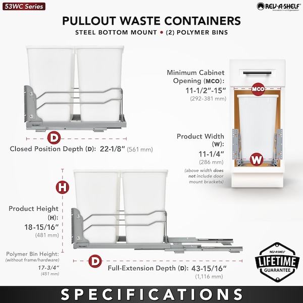 Rev-A-Shelf Steel, Orion Gray, 11.26 in W, 18.94 in H, 22.09 in D, 22.09 in L, Orion Gray - 53WC-1527SCDM-213
