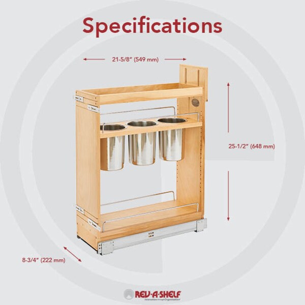 Rev-A-Shelf Maple Veneer, Light Brown, 9.25 in W, 25.6 in H, 21.75 in D, 21.75 in L, Light Brown - 449UT-BCSC-8C