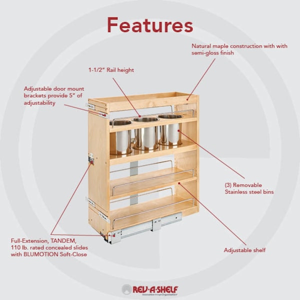 Rev-A-Shelf Maple Veneer, Light Brown, 9.25 in W, 25.6 in H, 21.75 in D, 21.75 in L, Light Brown - 449UT-BCSC-8C